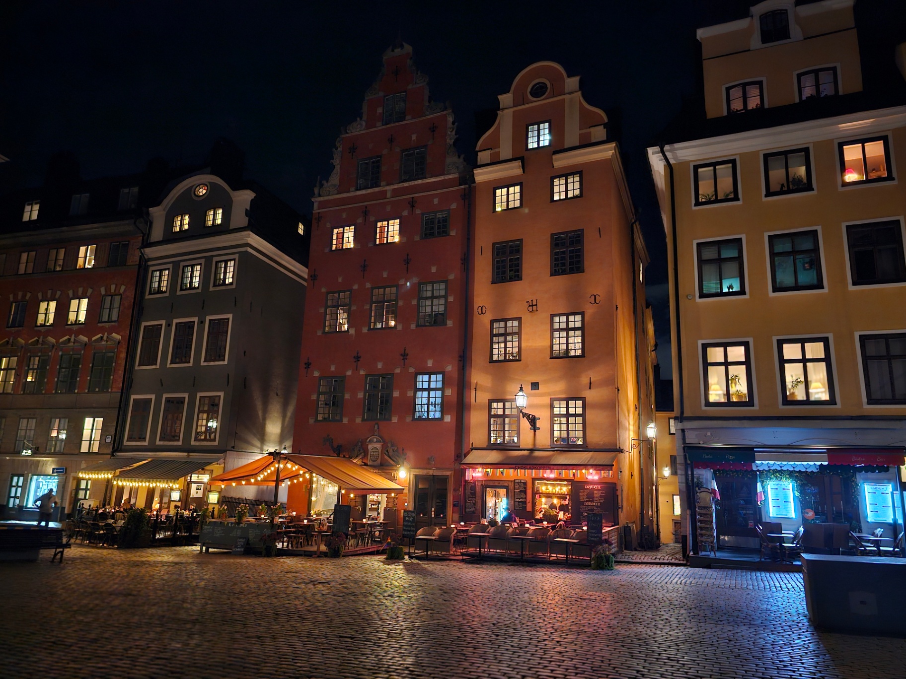 Colorful buildings in Stockholm's old town at night