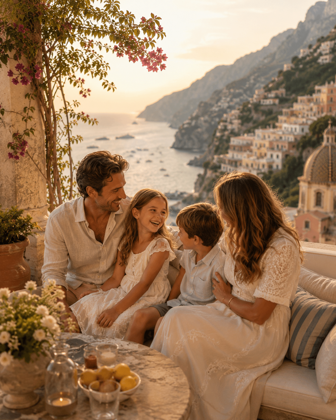 Family sitting together on a terrace above a coastal village at sunset.