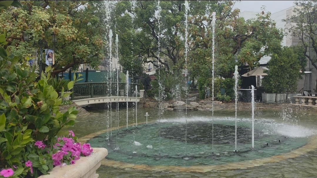 Fountain jets and pink flowers at a tree-lined plaza