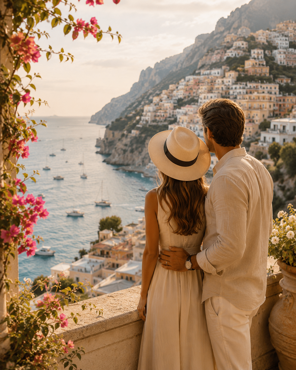Couple looking out over a colorful cliffside village and the sea.