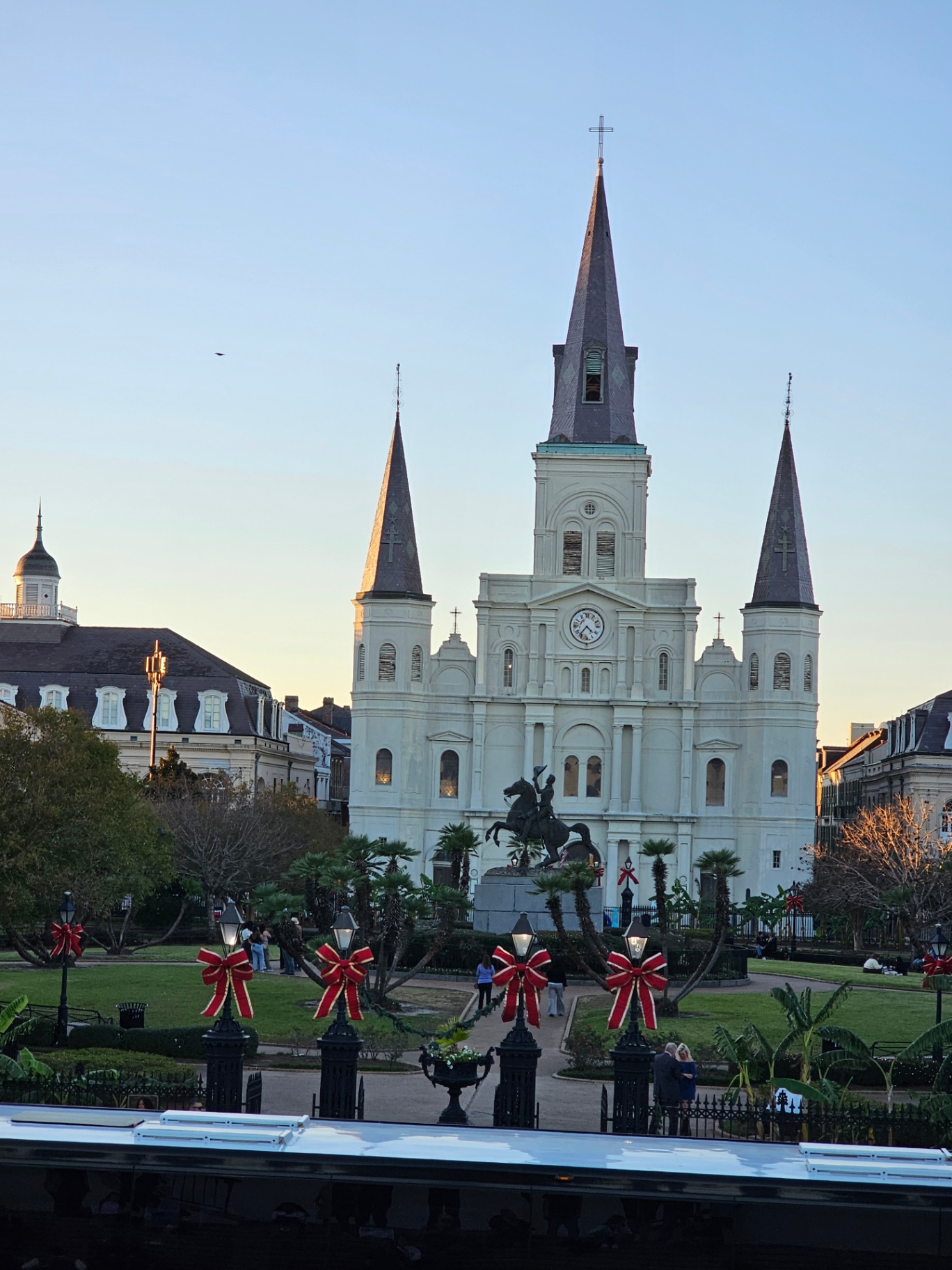 St. Louis Cathedral over Jackson Square decorated for the holidays