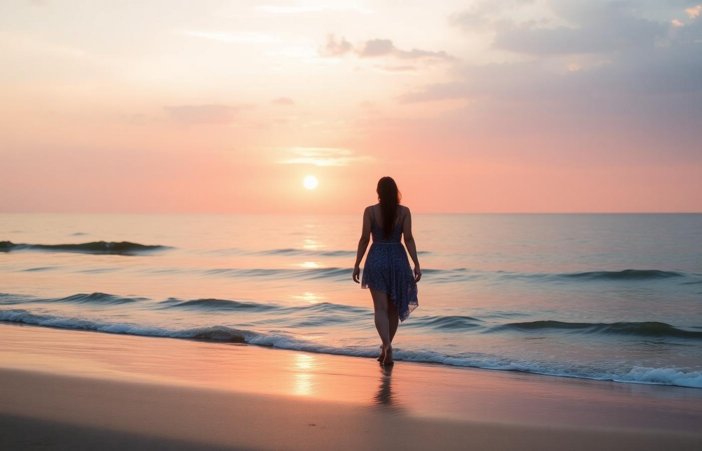Woman walking along a calm beach at sunrise